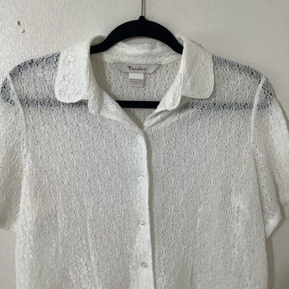 Vintage 90s White Sheer Lace Cottagecore Preppy Clean Girl Button Up Shirt S - Picture 2 of 8